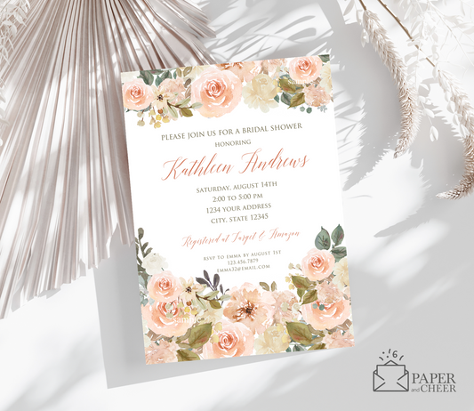 Peach Sage Green Floral Bridal Shower Invitation