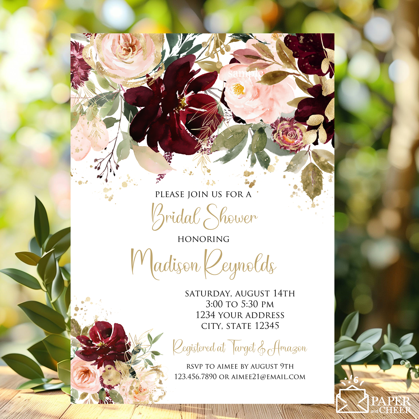 Blush Pink, Burgundy, Gold Floral Bridal Shower Invitations