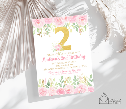 Pink Floral Birthday Invitation (Any age)