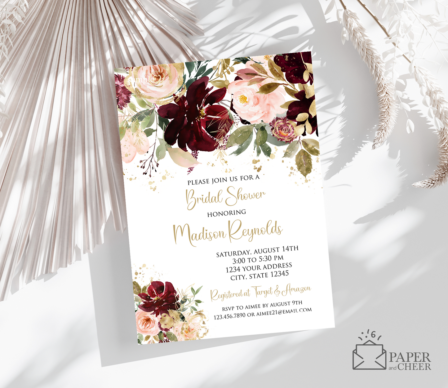 Blush Pink, Burgundy, Gold Floral Bridal Shower Invitations