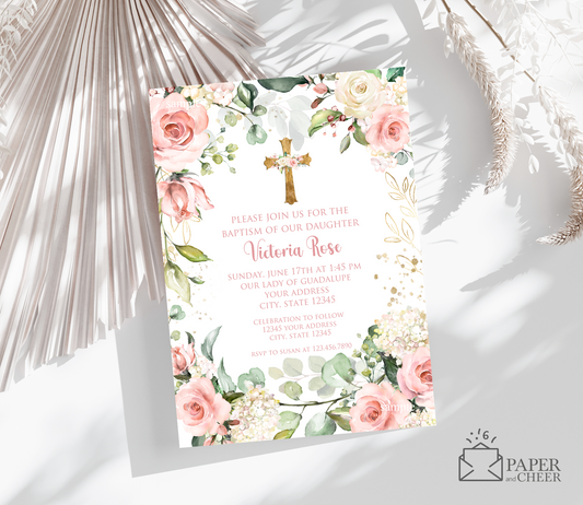 Pink Floral Baptism Invitations