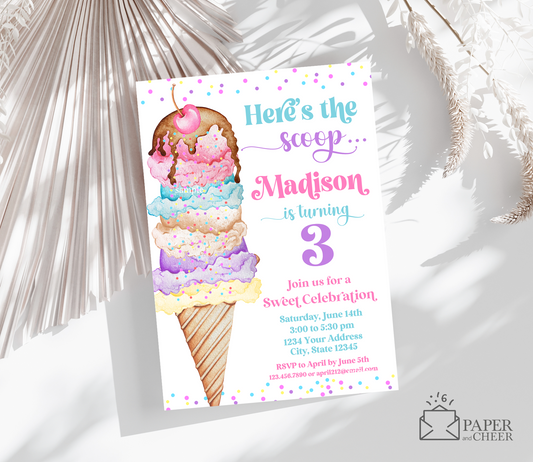 Here's the Scoop Ice Cream Birthday Invitation (Any age)