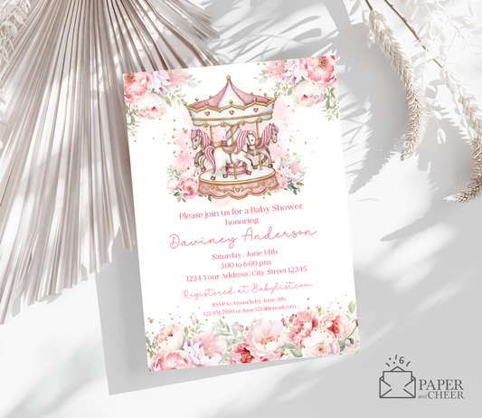 Pink Carousel Baby Shower Invitation