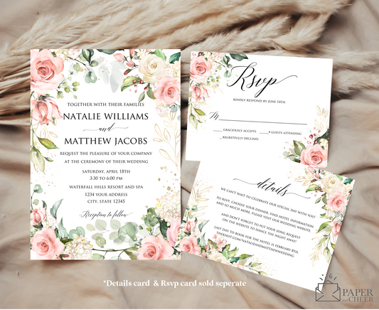 Pink Floral Eucalyptus Wedding Invitation