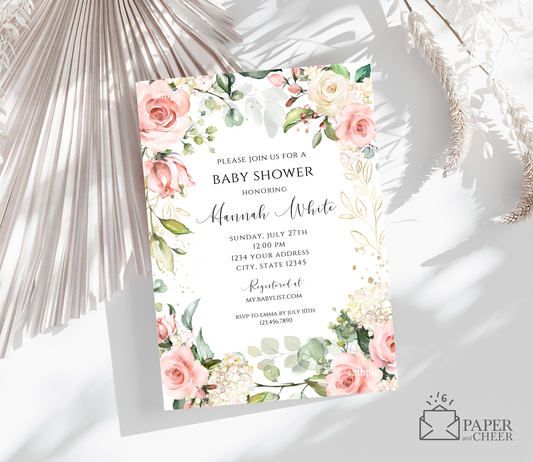 Blush Pink Floral Eucalyptus Baby Shower Invitation