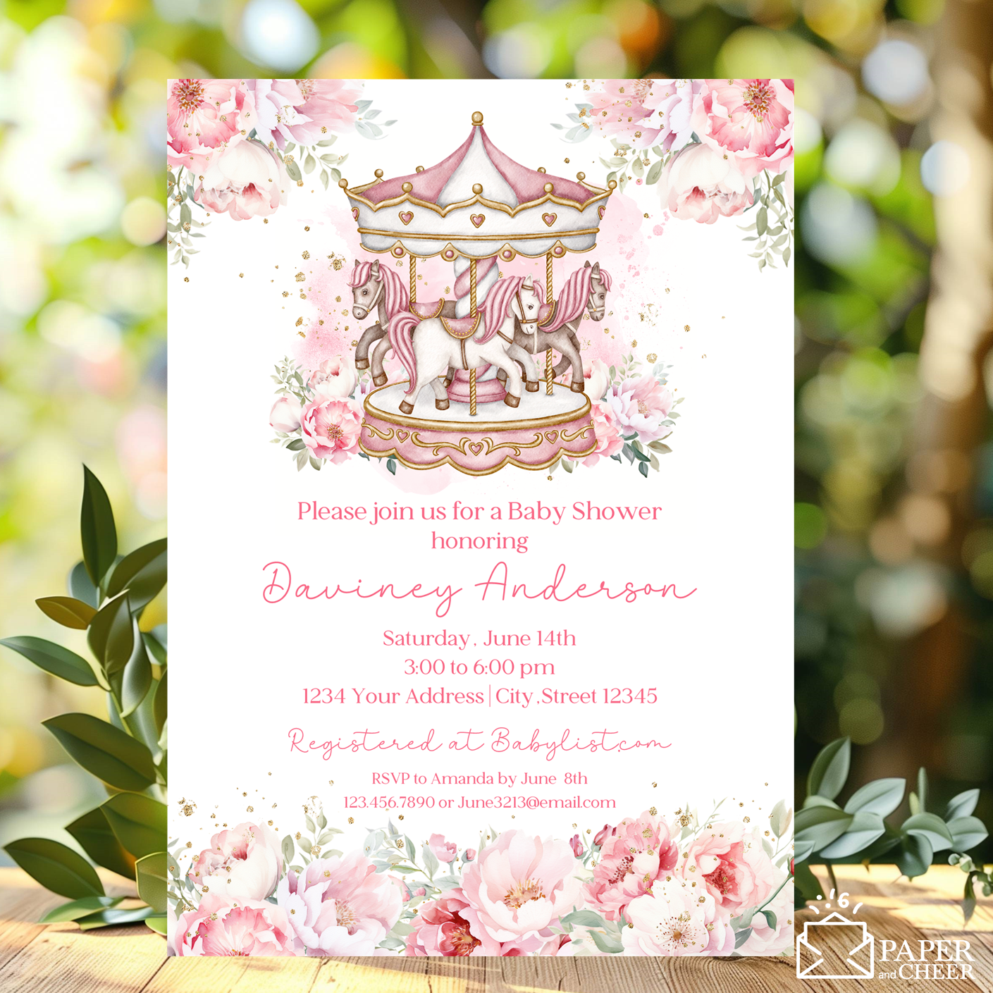 Pink Carousel Baby Shower Invitation