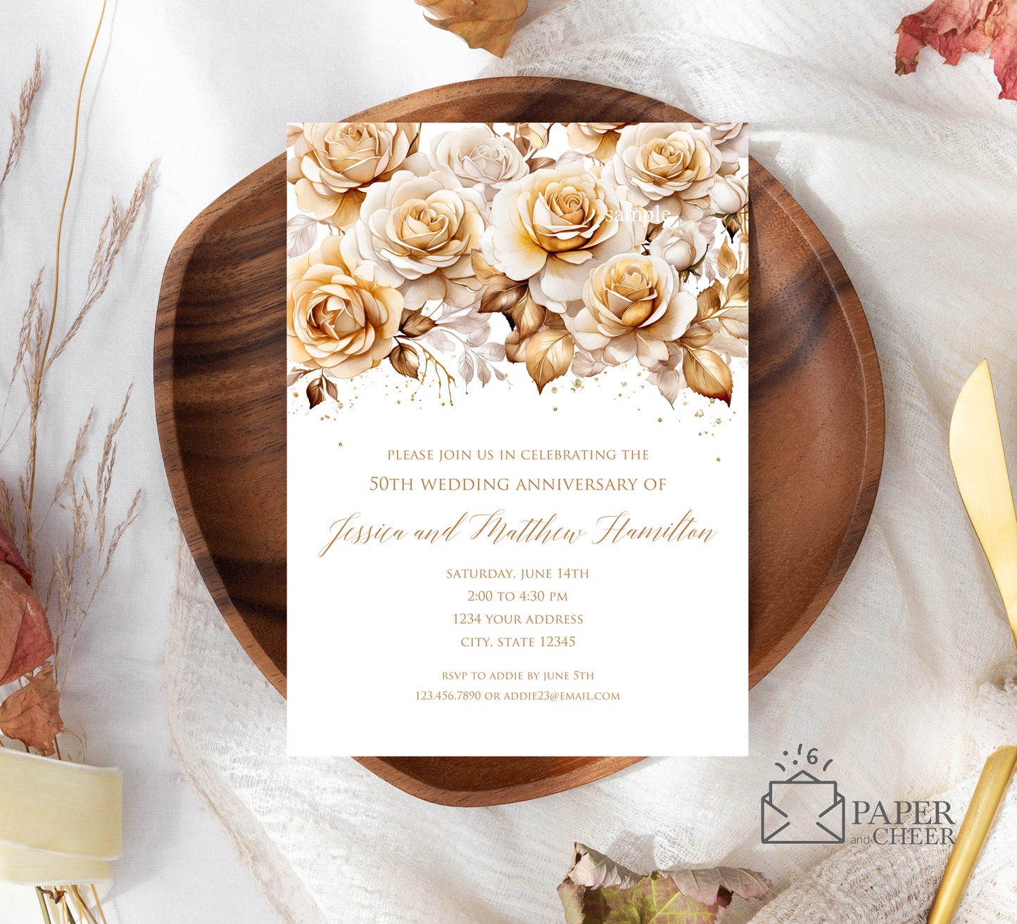 Gold Floral 50th Wedding Anniversary Invitations