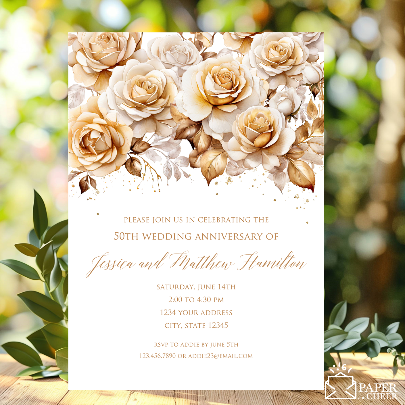 Gold Floral 50th Wedding Anniversary Invitations