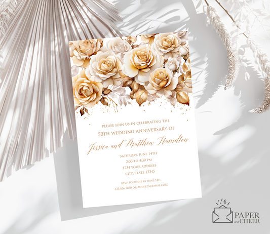 Gold Floral 50th Wedding Anniversary Invitations