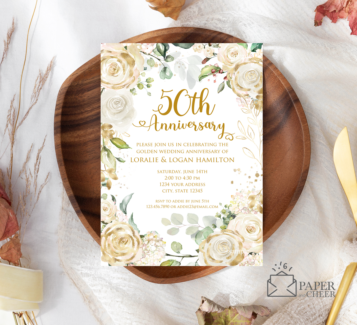 White Gold Floral 50th Wedding Anniversary Invitations