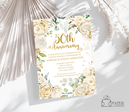White Gold Floral 50th Wedding Anniversary Invitations