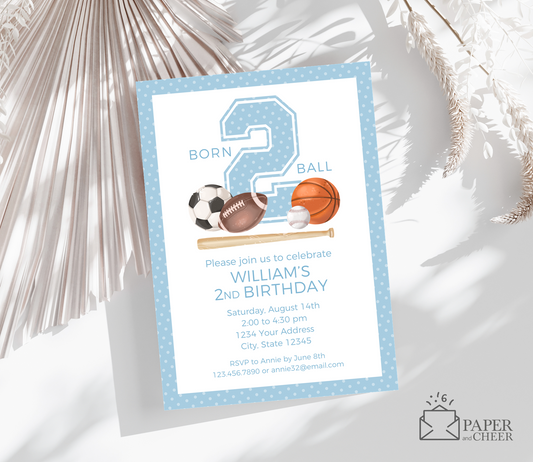 Born 2 Ball Sports 2nd Birthday Invitation