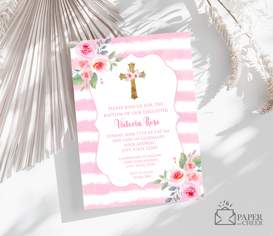 Pink Floral Baptism Invitations