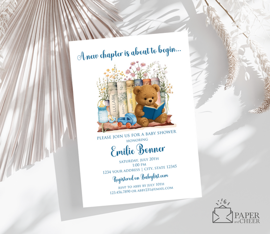 A New Chapter is About to Begin Baby Shower invitation (Blue Boy)