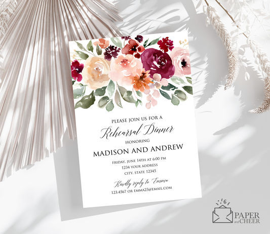Pink Burgundy Floral Rehearsal Dinner Invitation