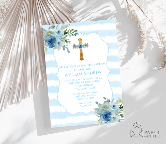 Blue Floral Baptism Invitations