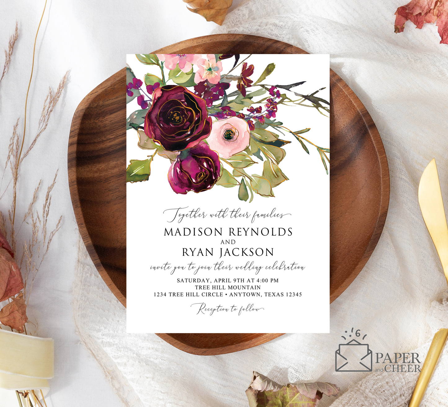 Burgundy and Pink Floral Wedding Invitation