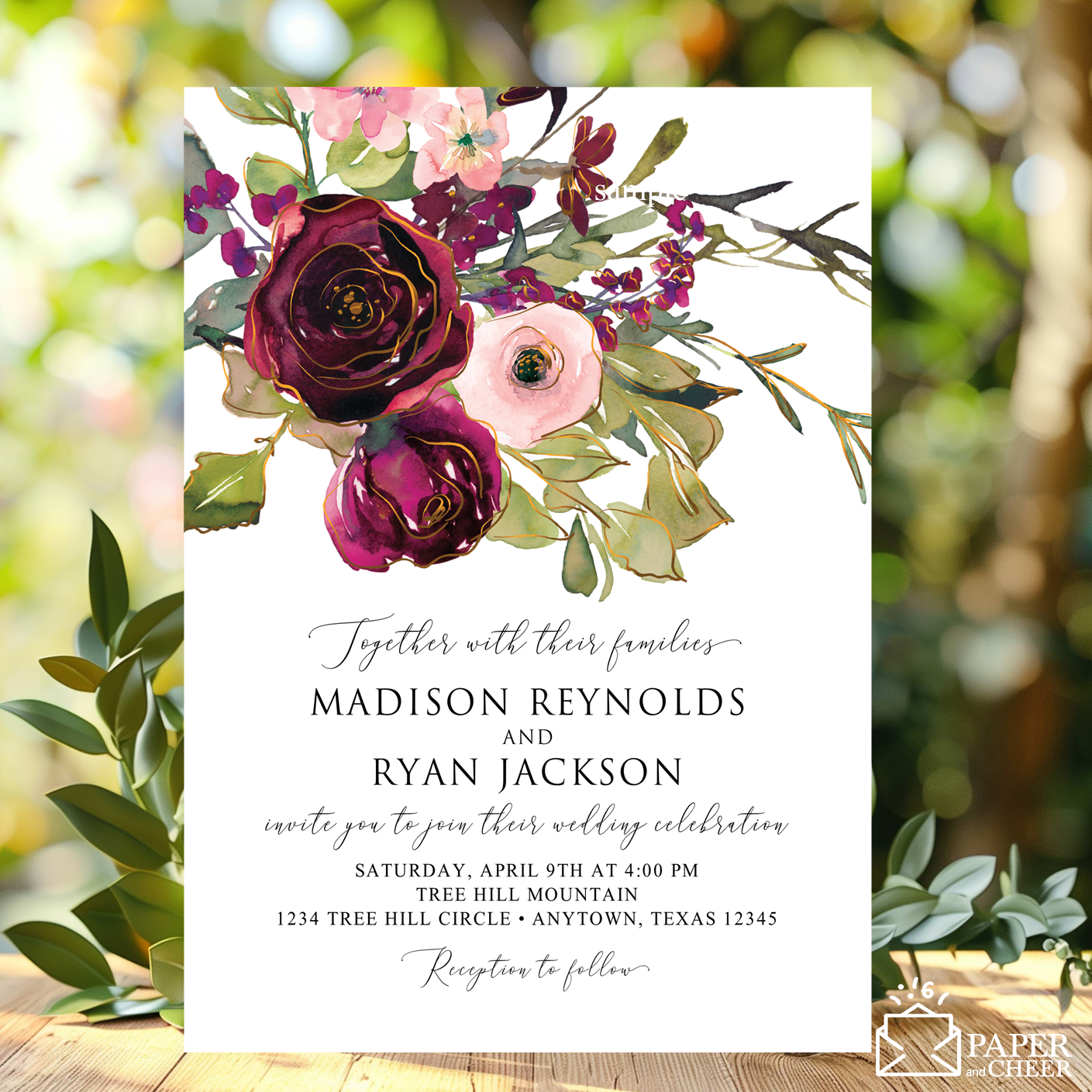 Burgundy and Pink Floral Wedding Invitation