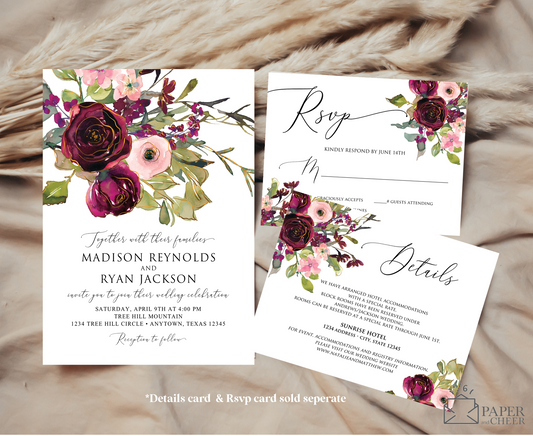 Burgundy and Pink Floral Wedding Invitation
