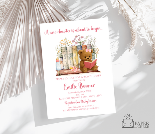 A New Chapter is About to Begin Baby Shower invitation (Pink Girl)