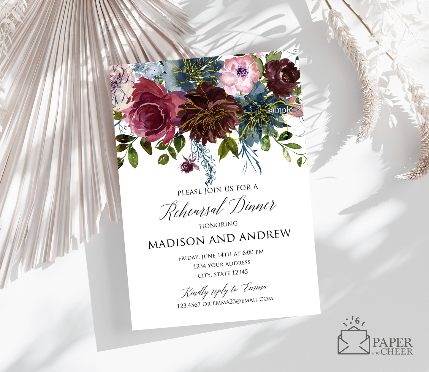 Burgundy Navy Floral Rehearsal Dinner Invitation
