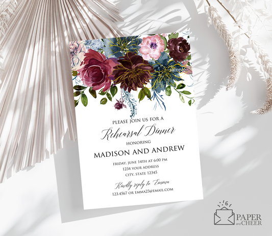Burgundy Navy Floral Rehearsal Dinner Invitation