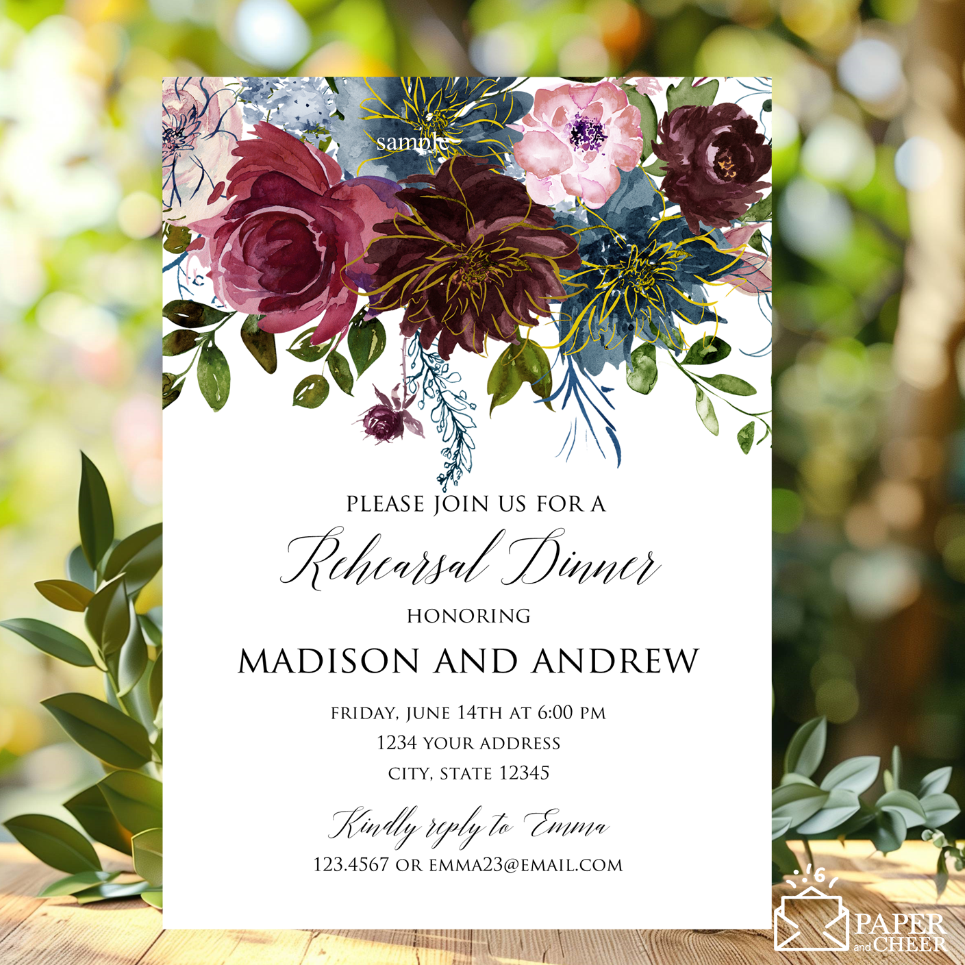 Burgundy Navy Floral Rehearsal Dinner Invitation