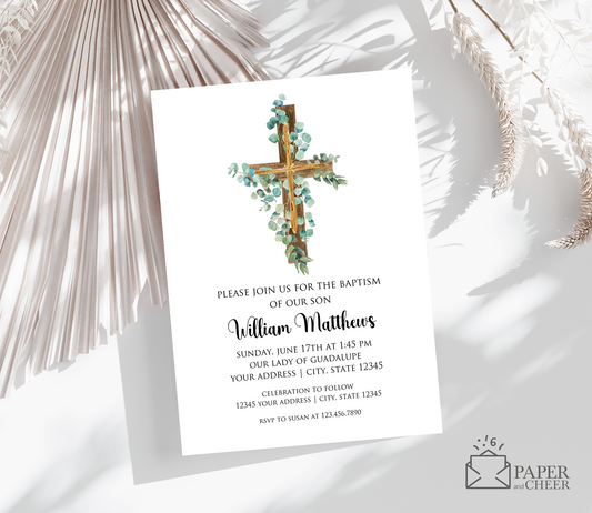 Greenery Cross Baptism Invitations