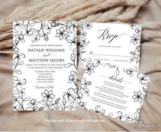 Black White Floral Outline Wedding Invitation