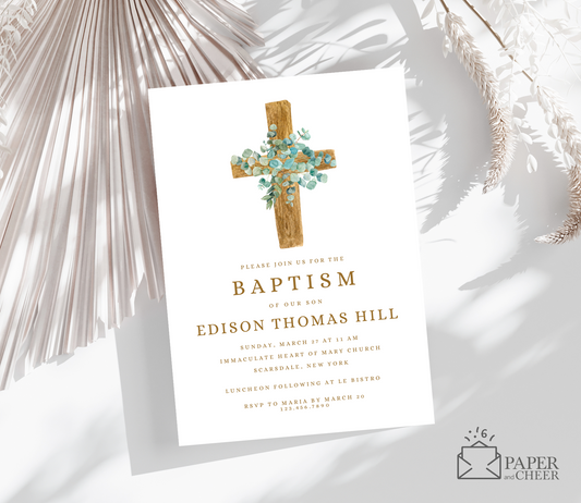 Greenery Cross Baptism Invitations