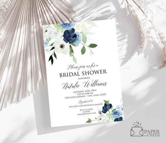 Navy Blue Floral Bridal Shower Invitation