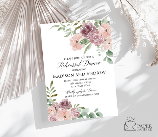 Blush Pink Mauve Floral Rehearsal Dinner Invitation