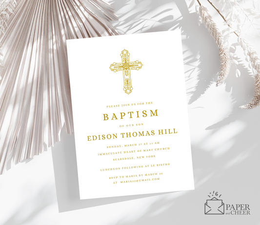 Gold Cross Baptism Invitations