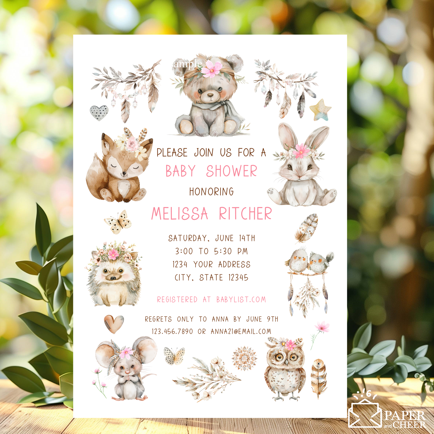 Woodland Baby Shower Invitations (Pink Girl)