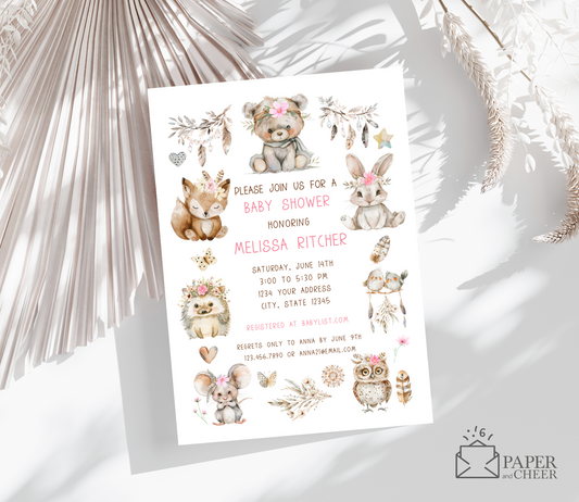 Woodland Baby Shower Invitations (Pink Girl)