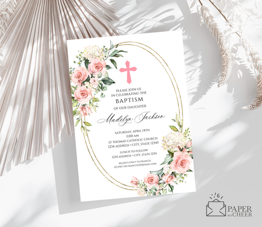 Pink Floral Baptism Invitations